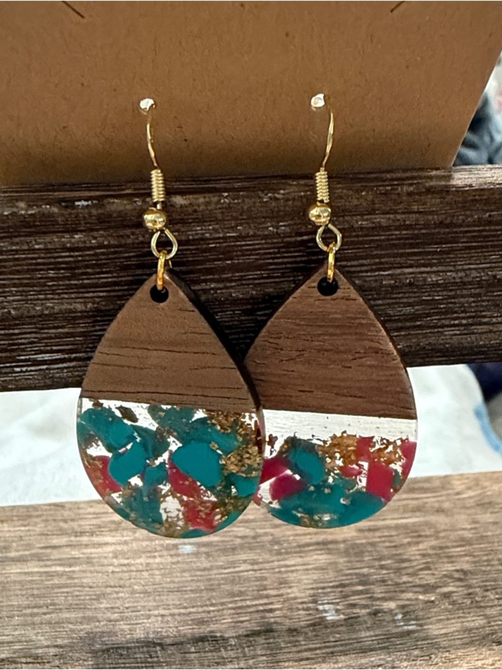 Gold-Accent Teardrop Wood Earrings with Teal and Red Inlay